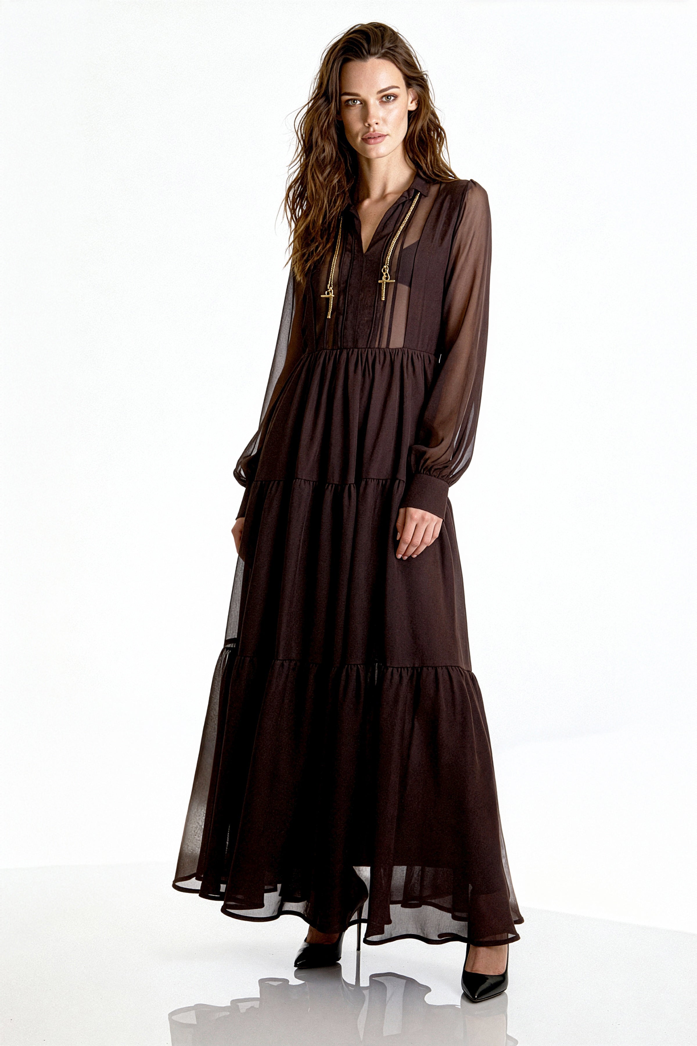 Şifon Uzun Kollu Volanlı Maxi Elbise