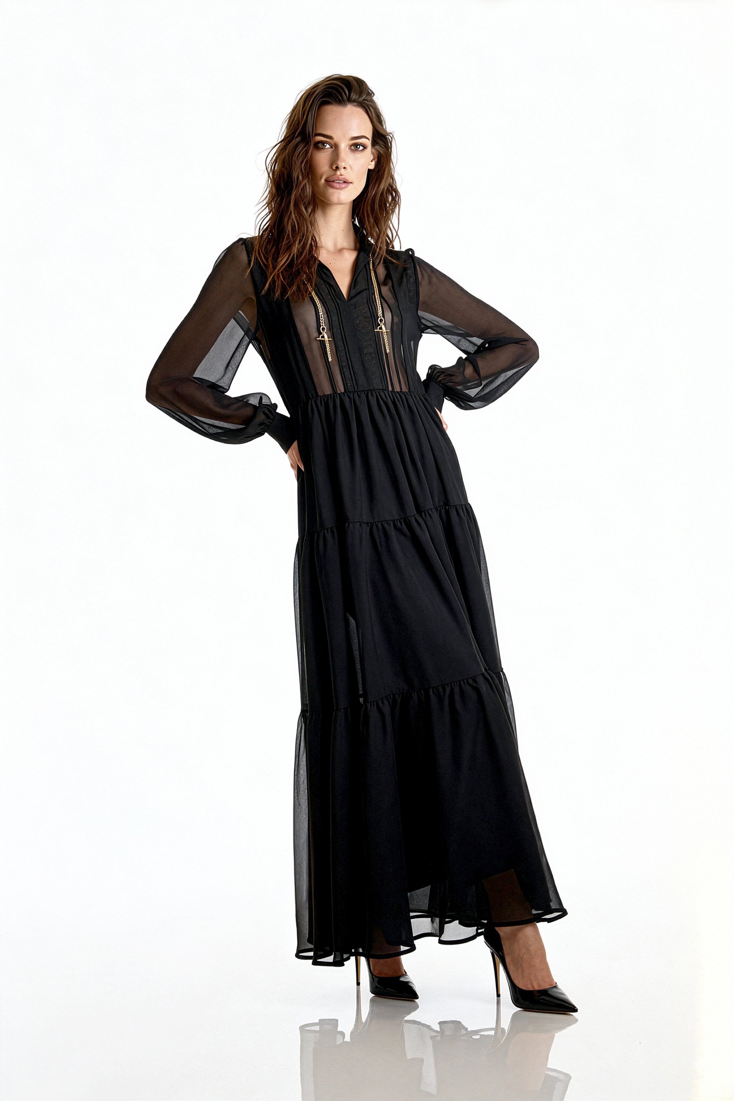 Şifon Uzun Kollu Volanlı Maxi Elbise