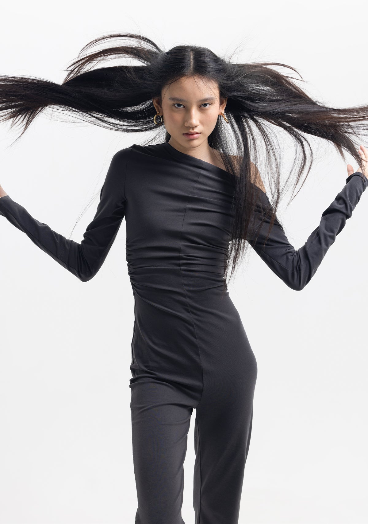 Tiny Drapeli Tek Omuz Düşük Antrasit Pamuklu Tulum görünüm 12