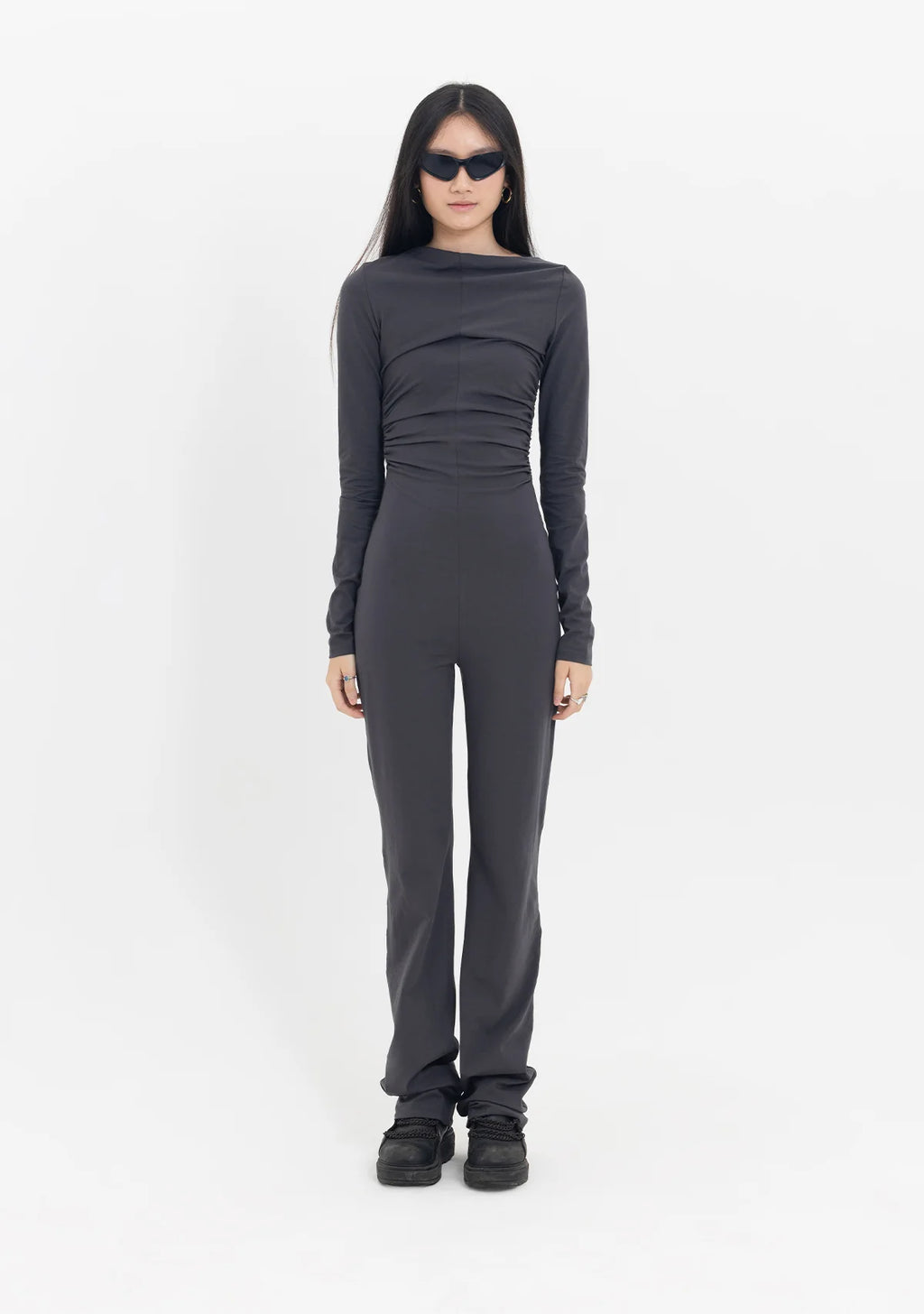 Tiny Drapeli Tek Omuz Düşük Antrasit Pamuklu Tulum