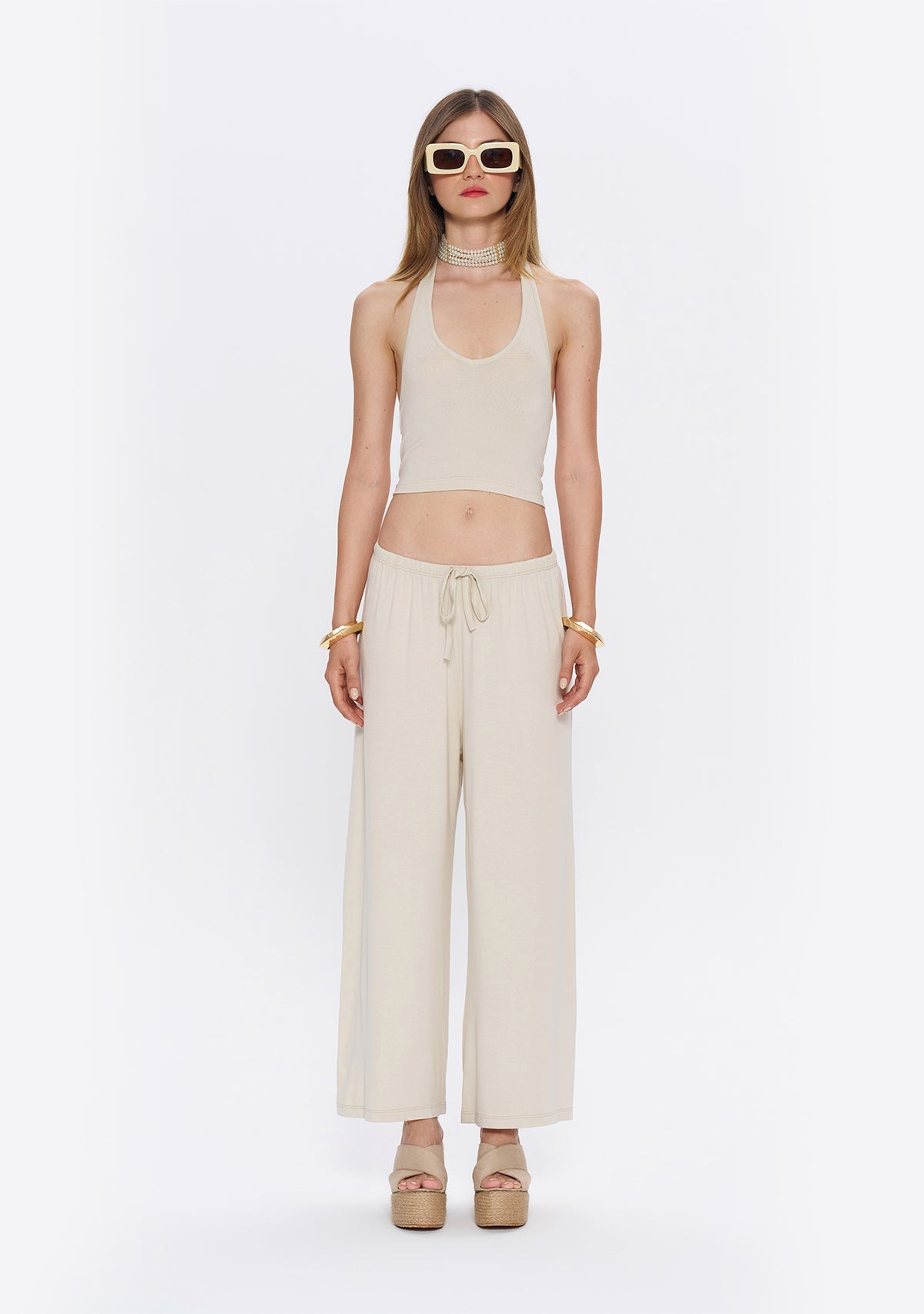 Tiny Halter Yaka Krem Yumuşak Bluz ana görünüm