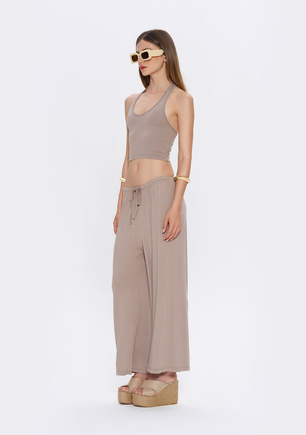 Tiny Halter Yaka Açık Kahverengi Yumuşak Bluz görünüm 4
