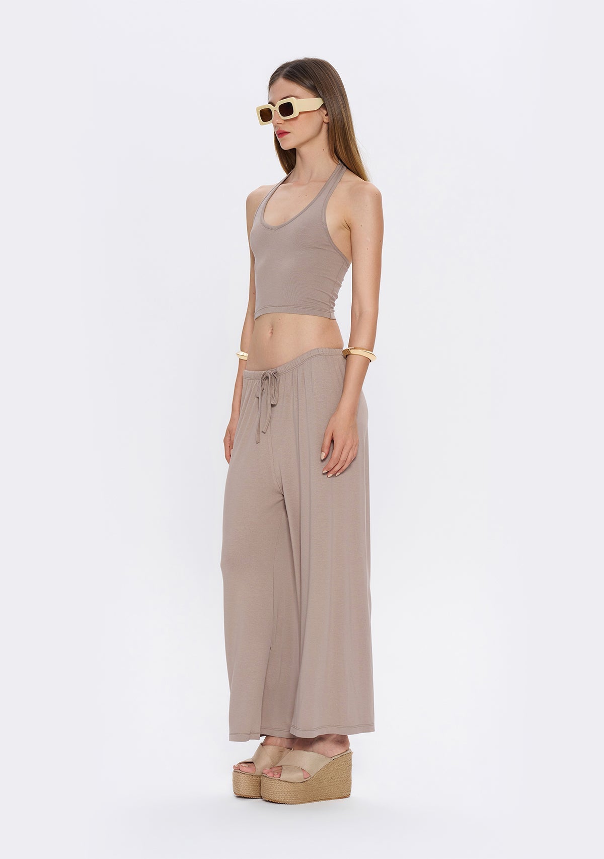 Tiny Halter Yaka Açık Kahverengi Yumuşak Bluz görünüm 4