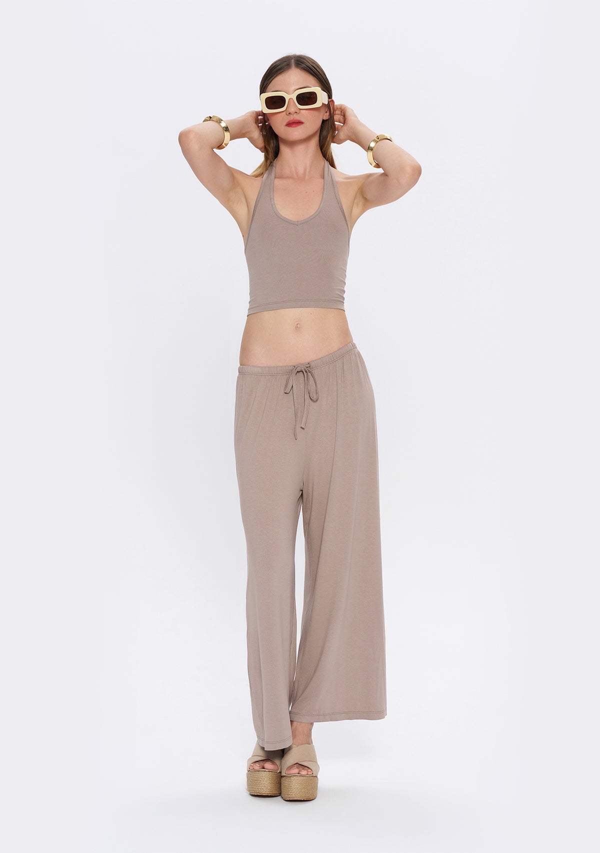 Tiny Halter Yaka Açık Kahverengi Yumuşak Bluz görünüm 9