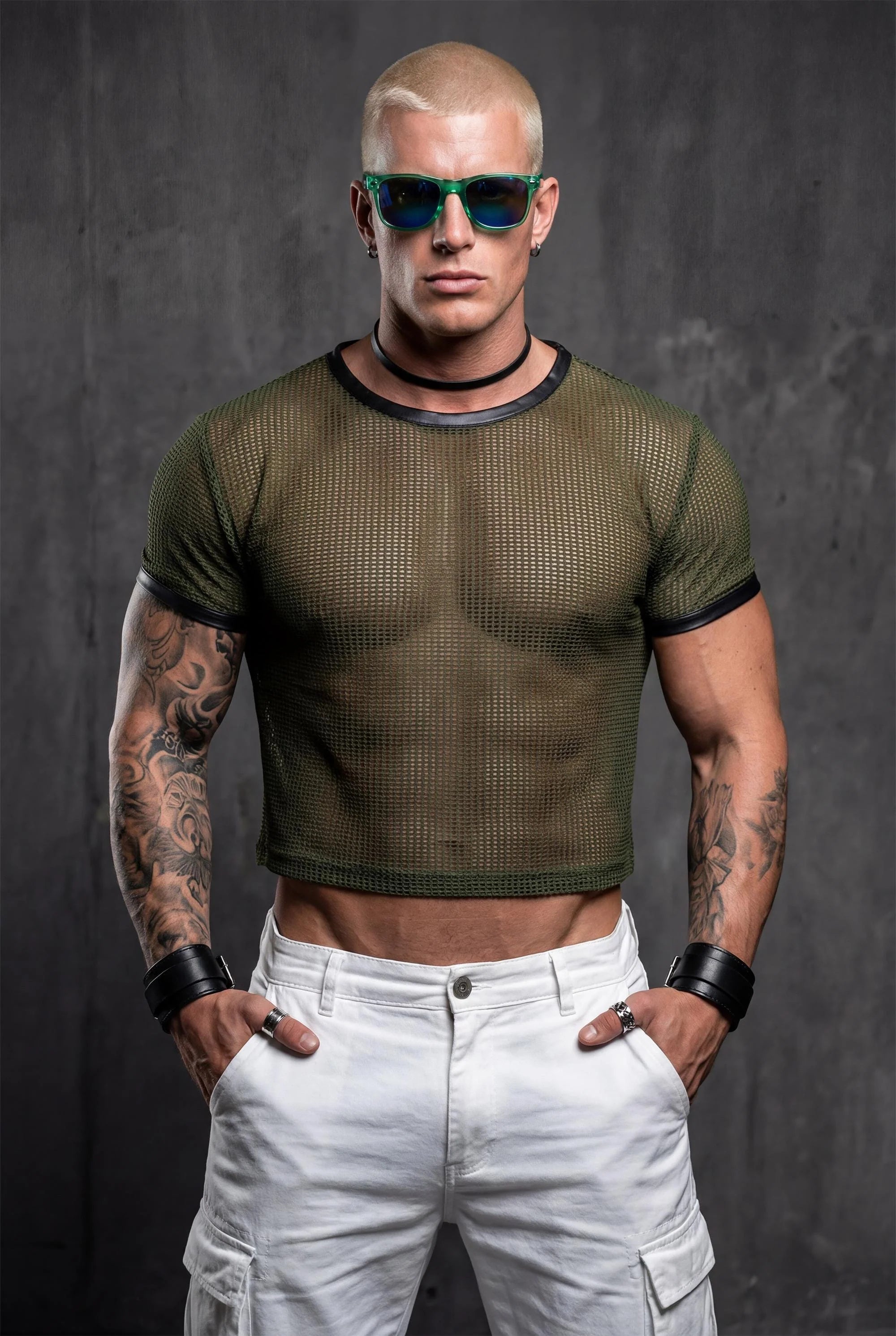 Piel Suni Deri Detaylı Transparan File Erkek Crop Top