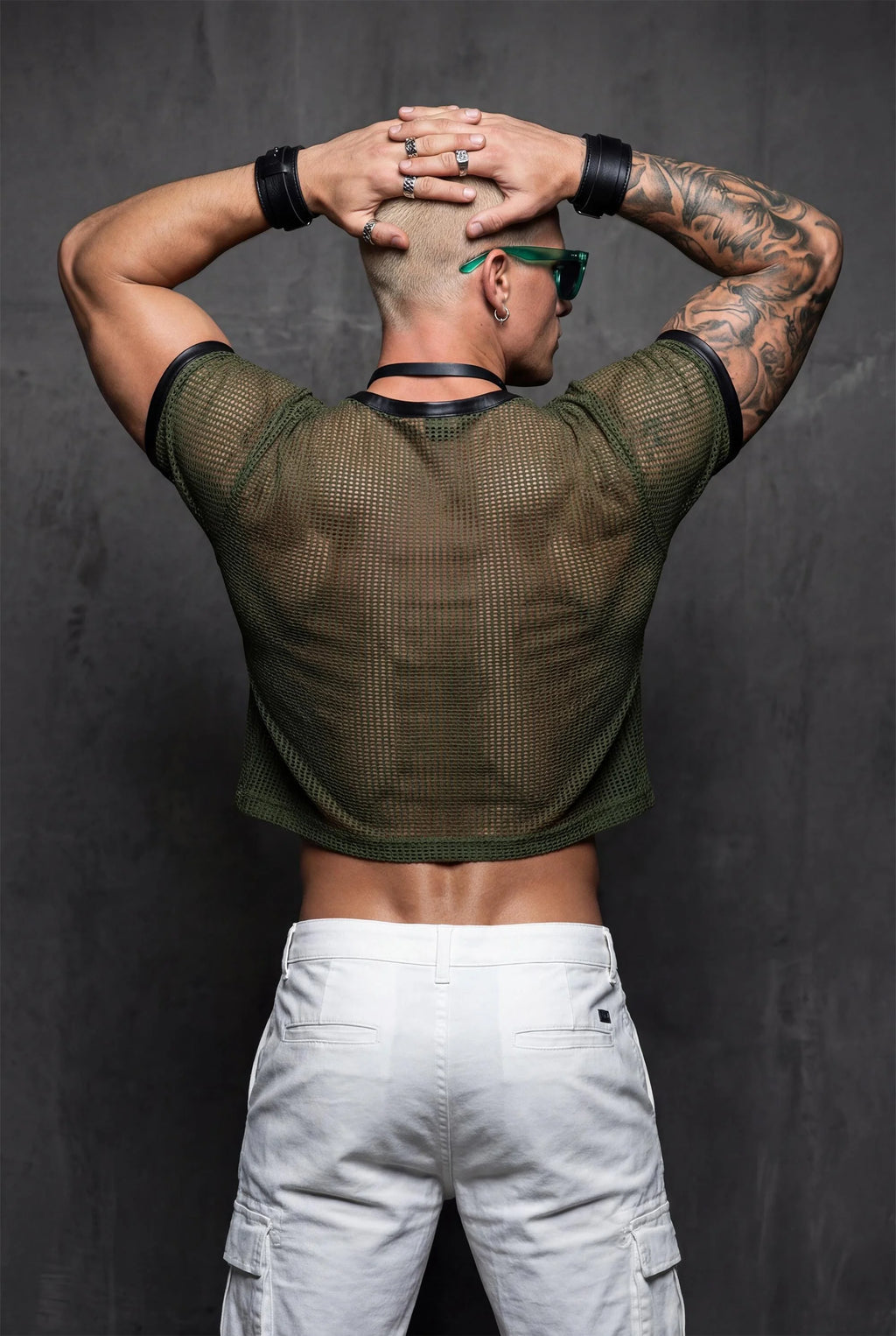 Piel Suni Deri Detaylı Transparan File Erkek Crop Top