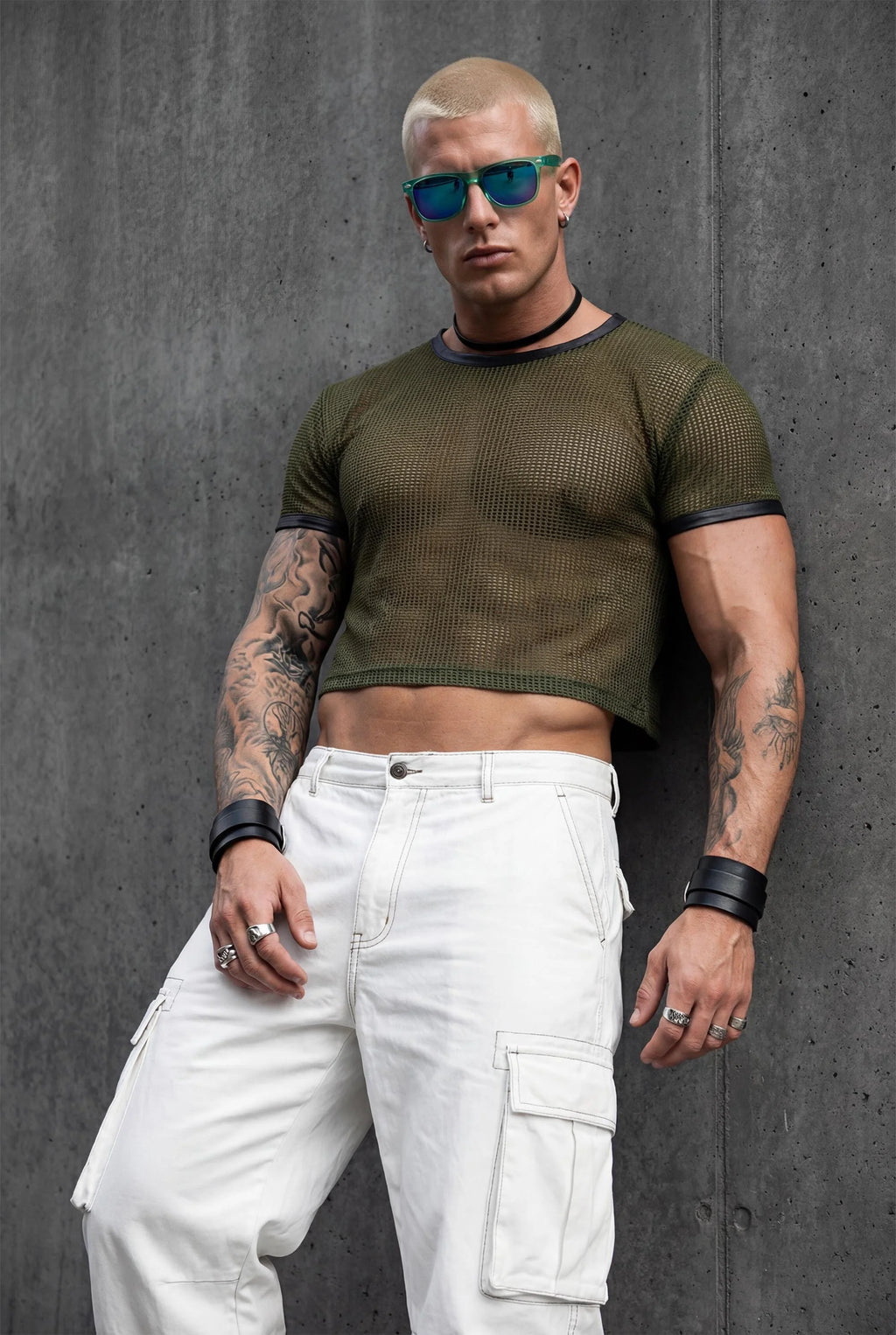 Piel Suni Deri Detaylı Transparan File Erkek Crop Top