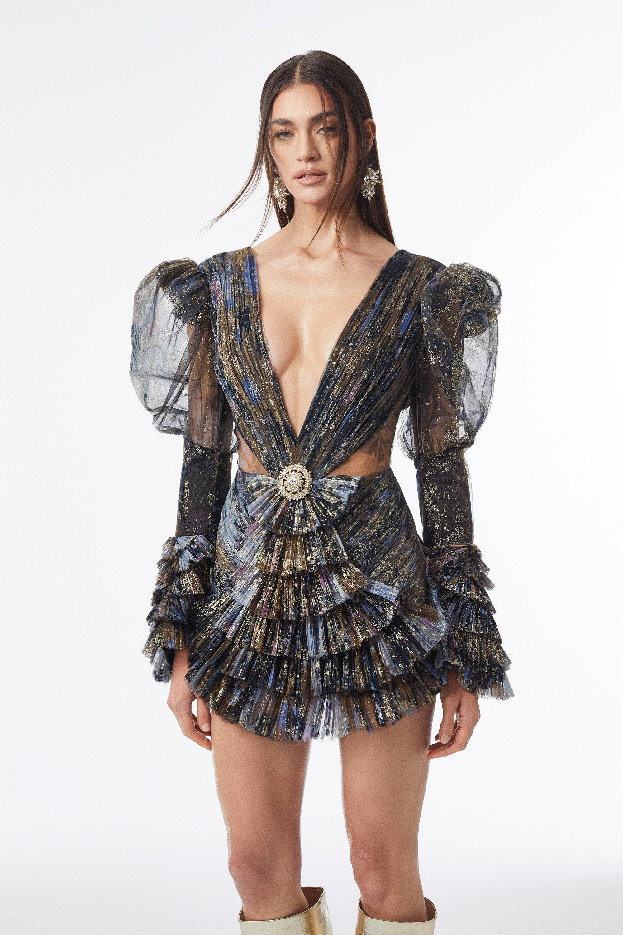 Haleia V Yaka Balon Kollu Mini Elbise