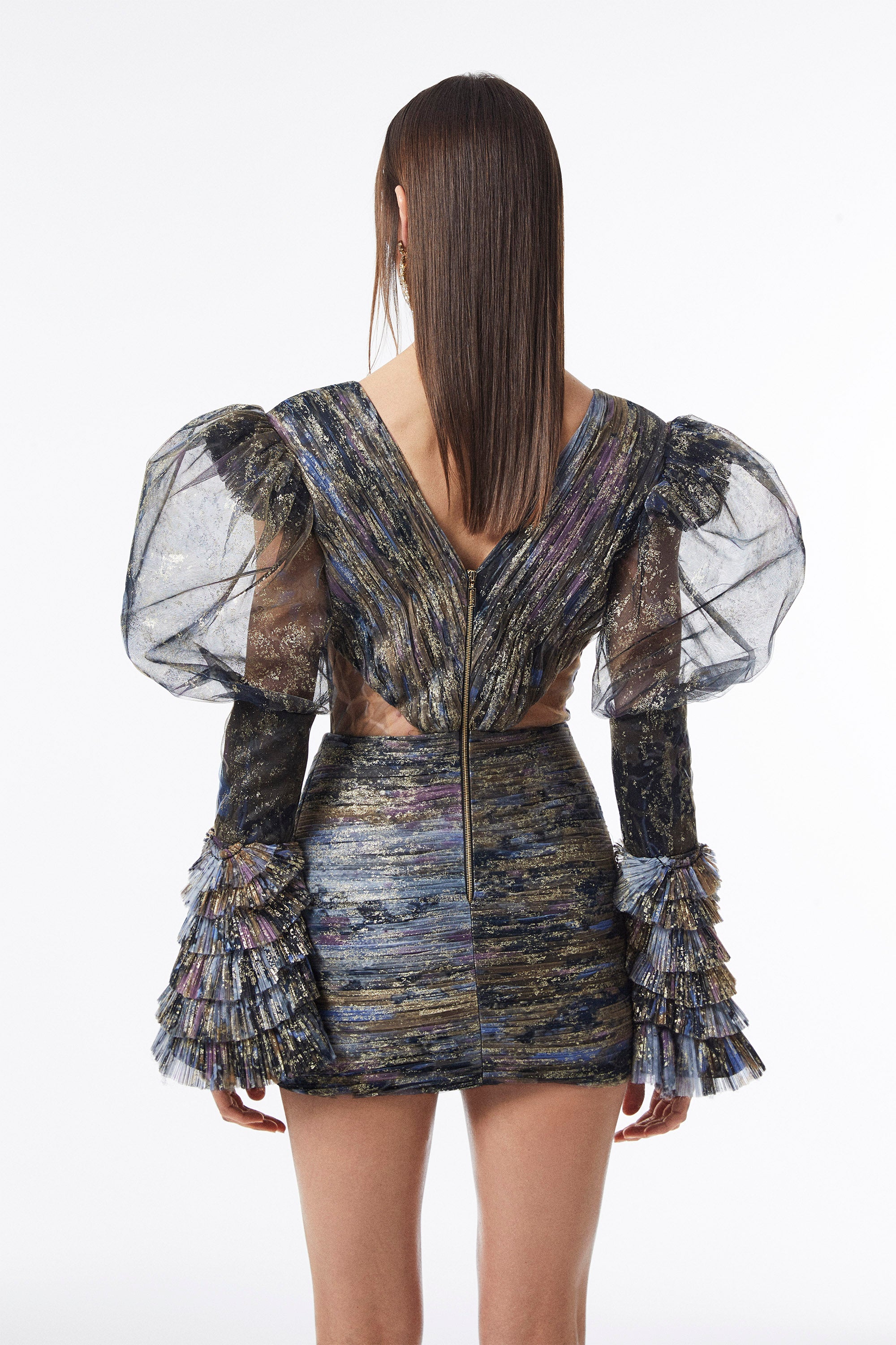 Haleia V Yaka Balon Kollu Mini Elbise