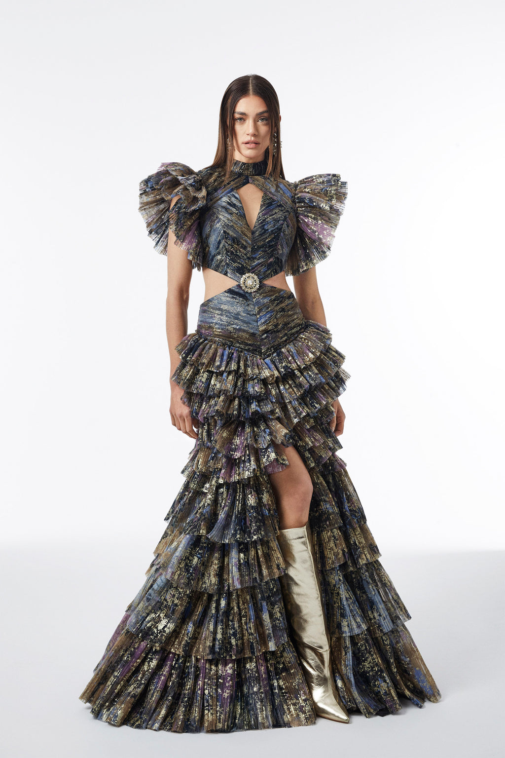 Haleia Metallic Ruffle Cut-Out Dönüşebilir Maxi–Mini Elbise