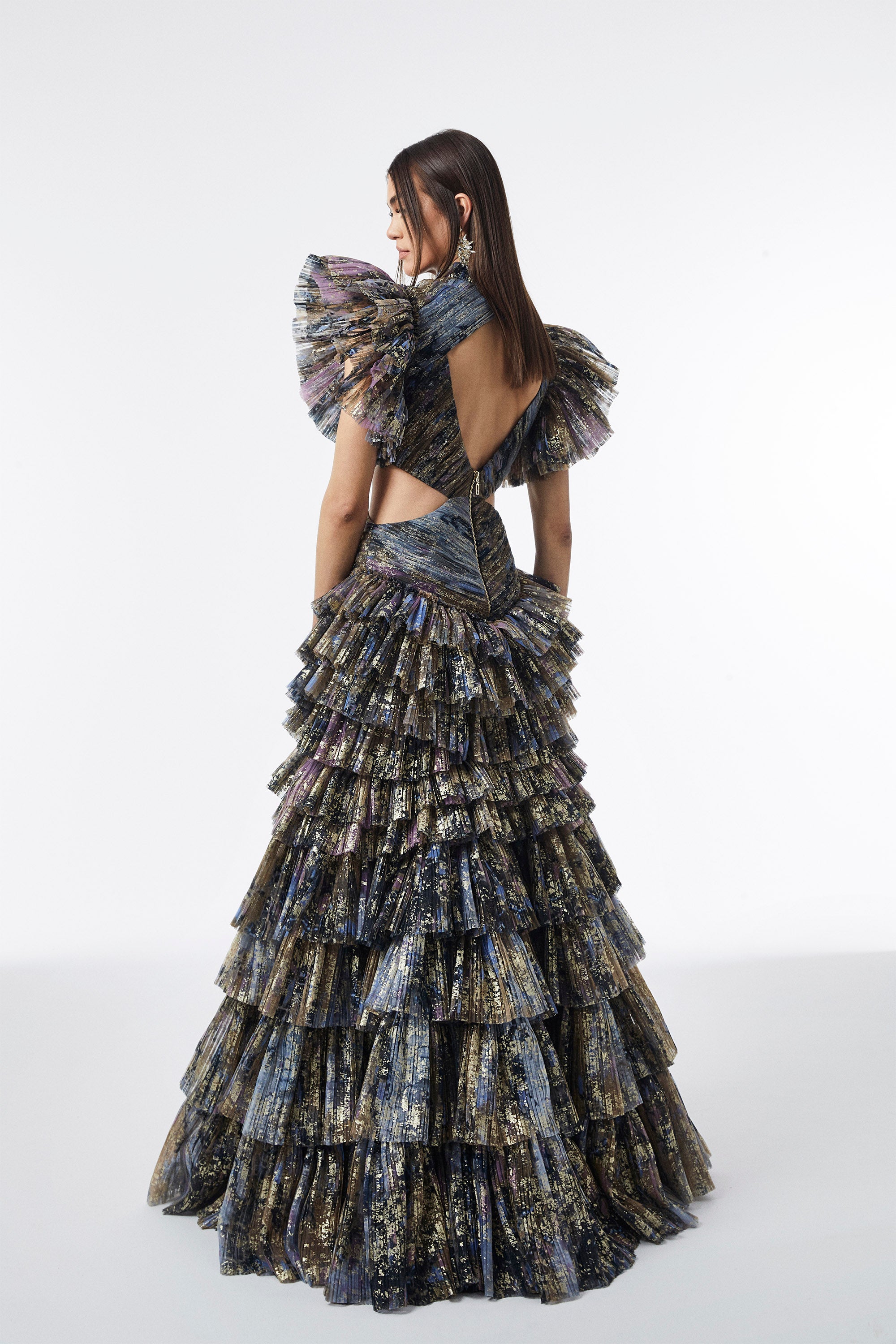 Haleia Metallic Ruffle Cut-Out Dönüşebilir Maxi–Mini Elbise