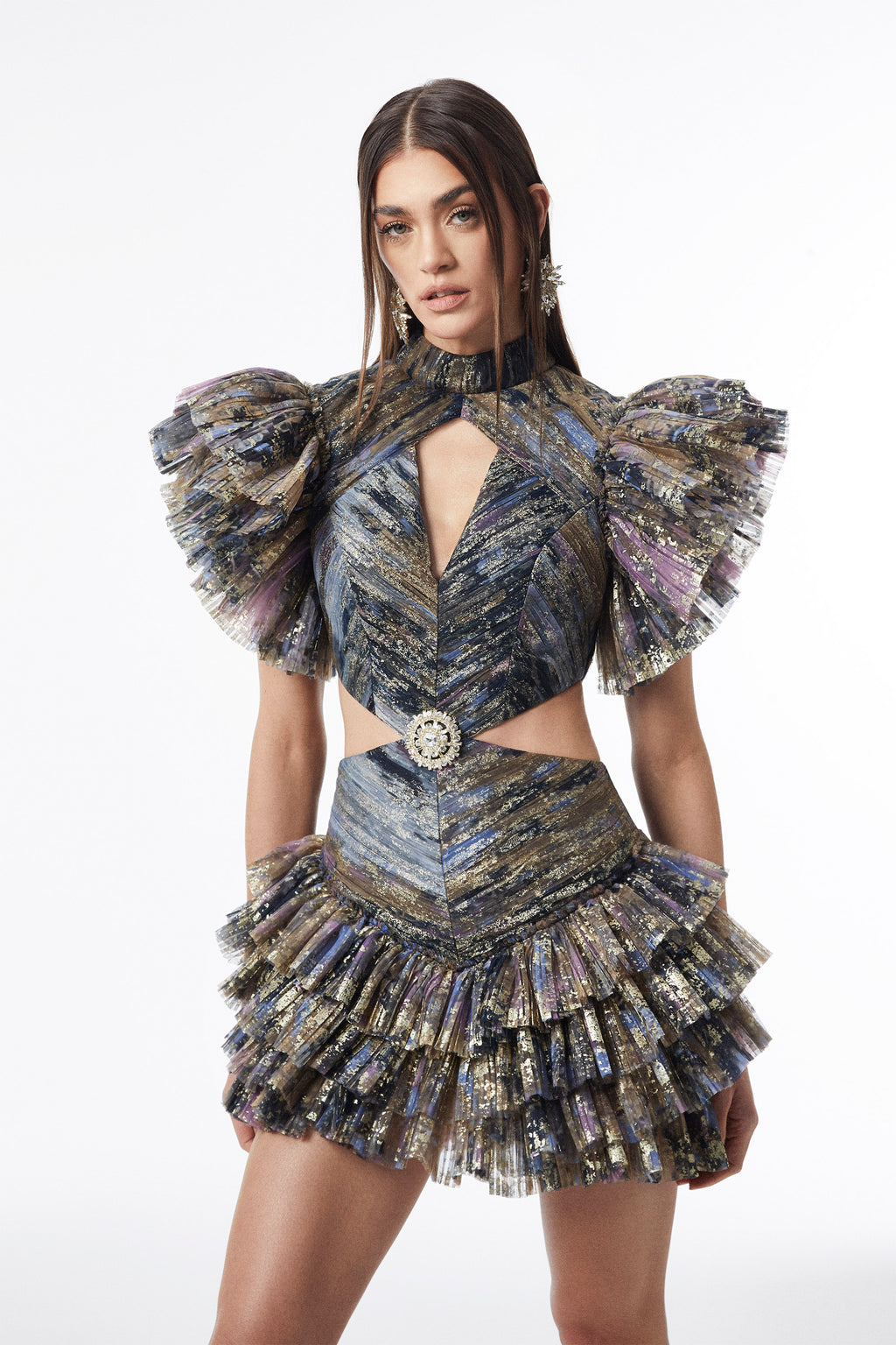 Haleia Metallic Ruffle Cut-Out Dönüşebilir Maxi–Mini Elbise