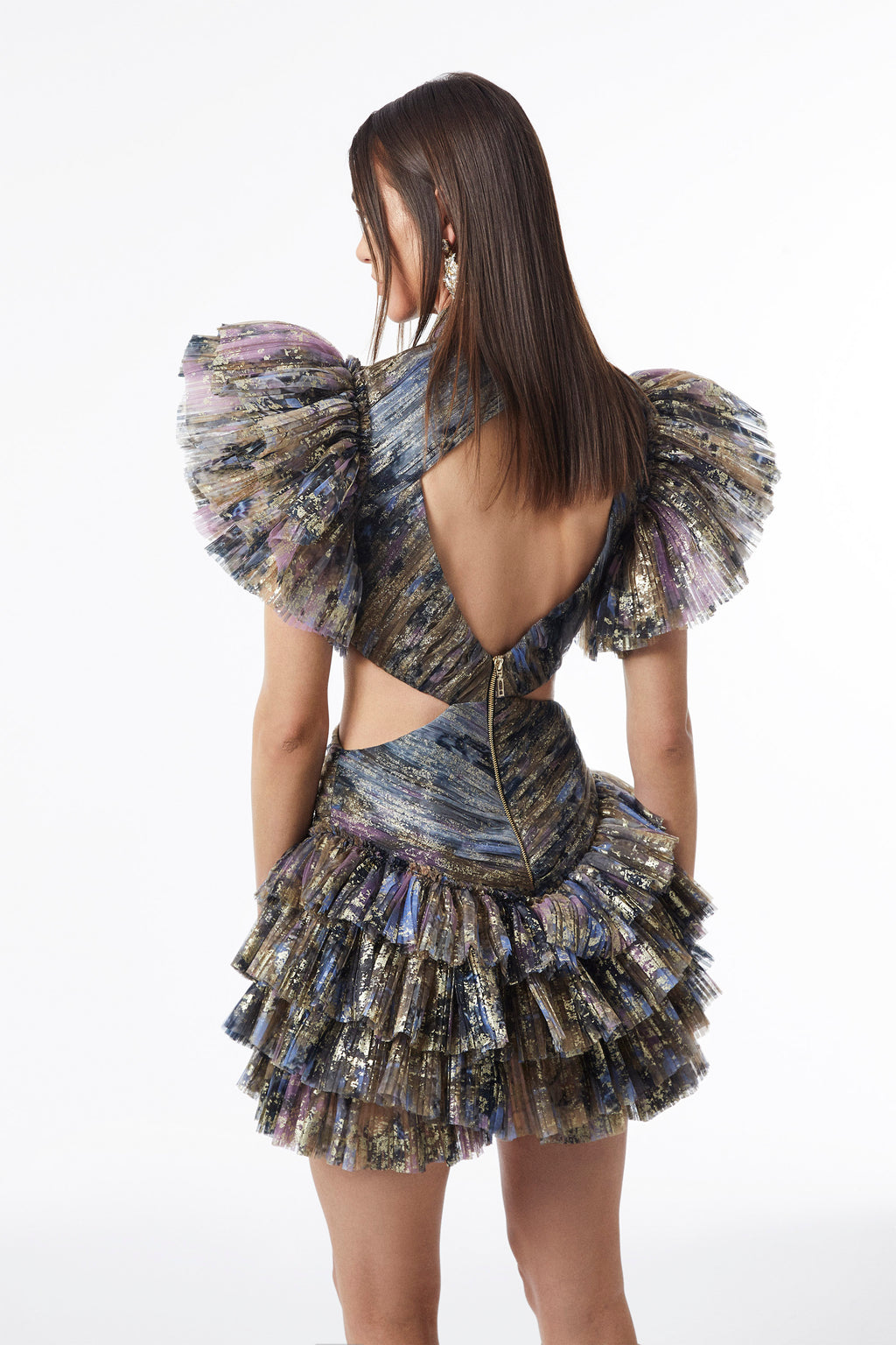 Haleia Metallic Ruffle Cut-Out Dönüşebilir Maxi–Mini Elbise