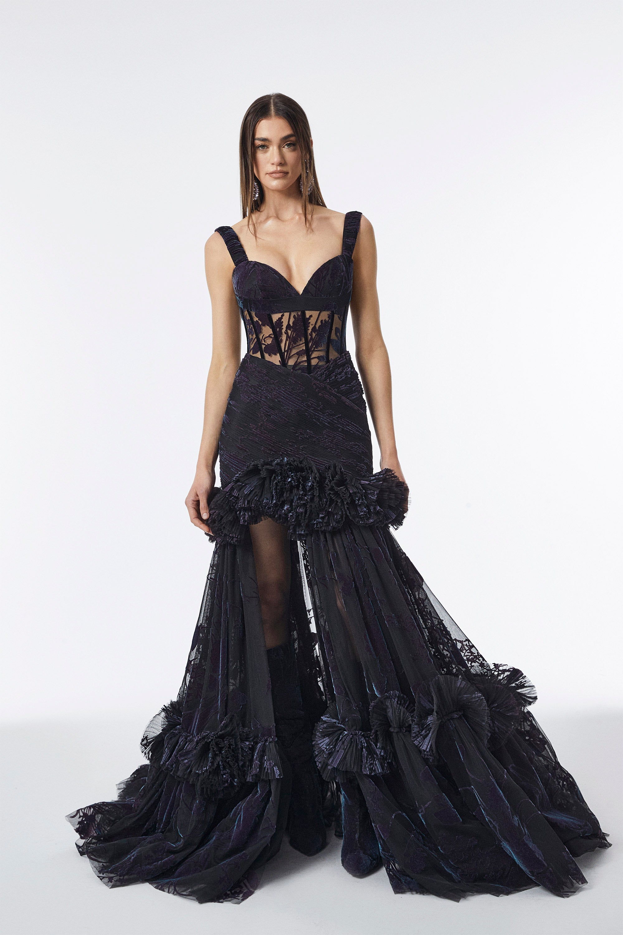 Haleia Transparan Detaylı Askılı Kadife Görünümlü Elbise