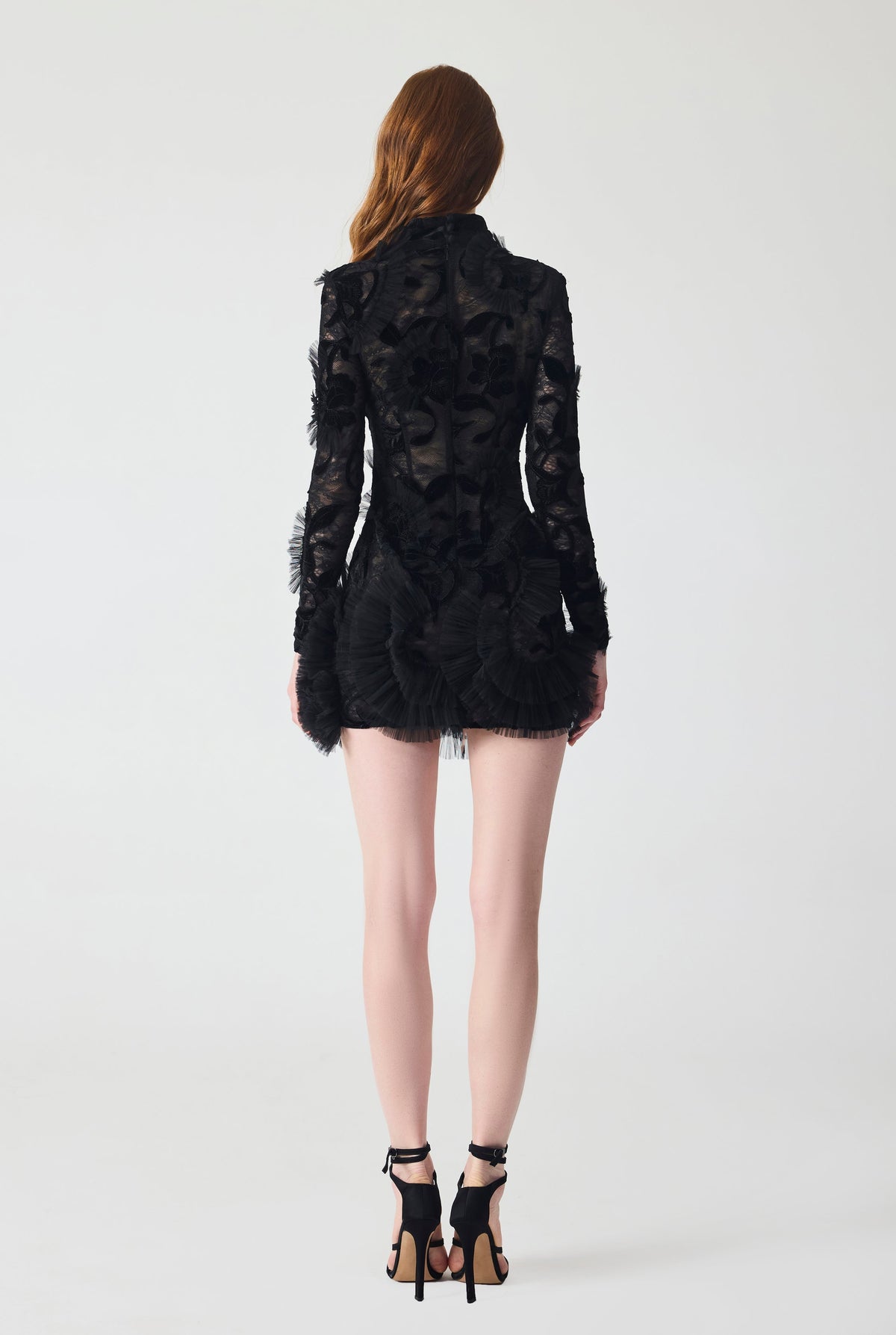 Haleia Hand Embroidered Velvet Lace with Ruffle Detailing Mini Dress