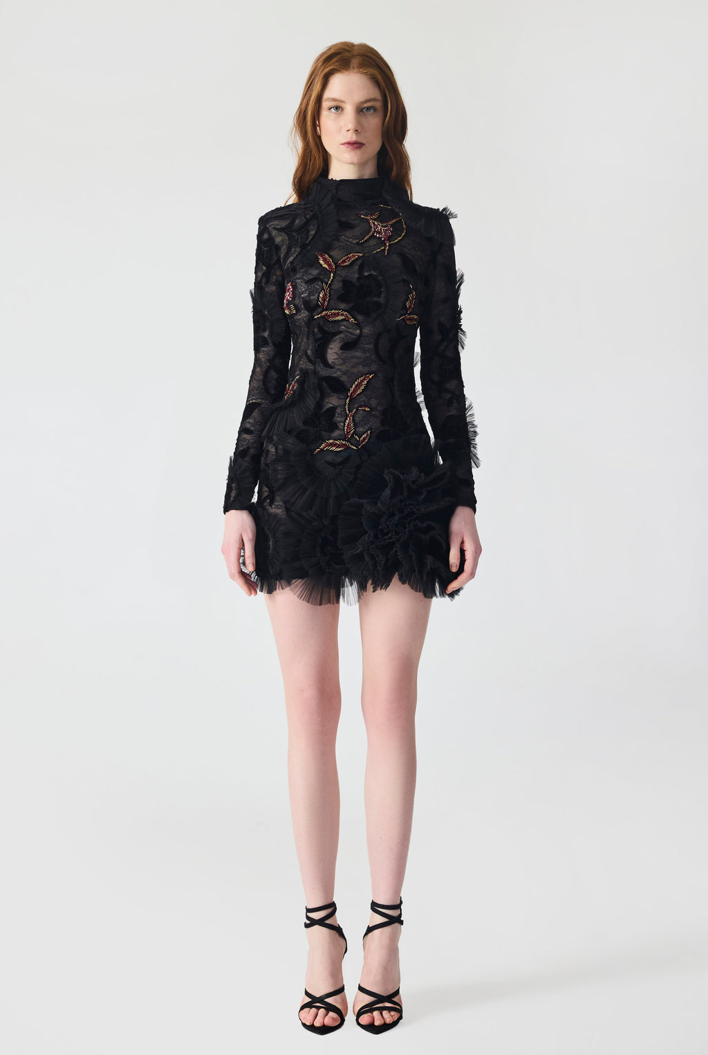 Haleia Hand Embroidered Velvet Lace with Ruffle Detailing Mini Dress