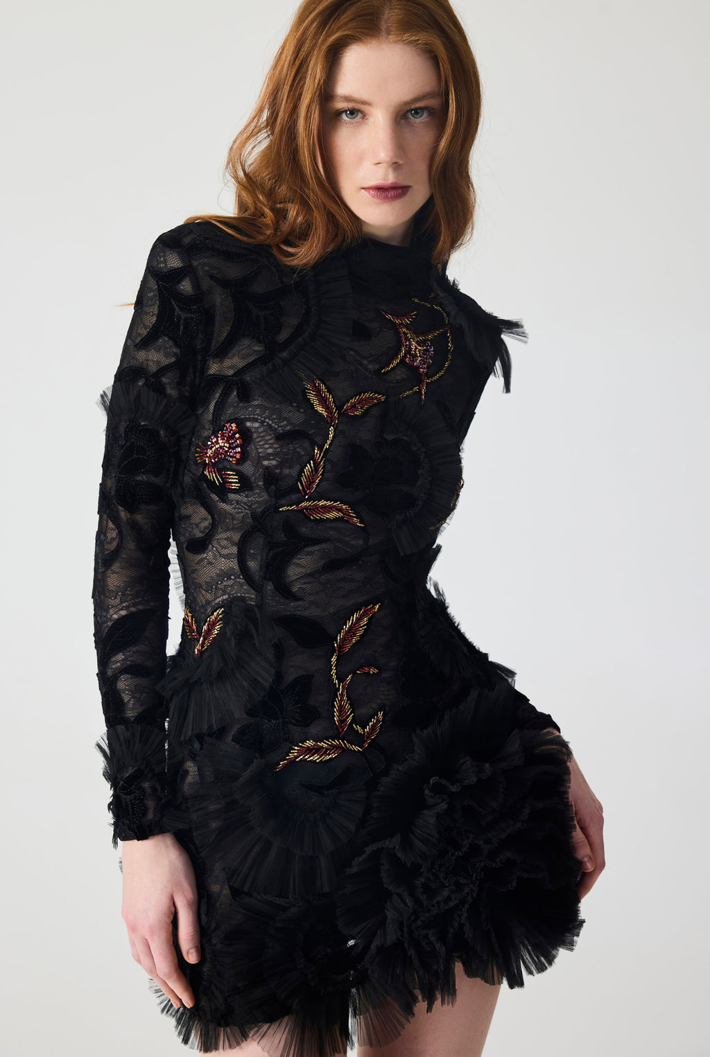 Haleia Hand Embroidered Velvet Lace with Ruffle Detailing Mini Dress