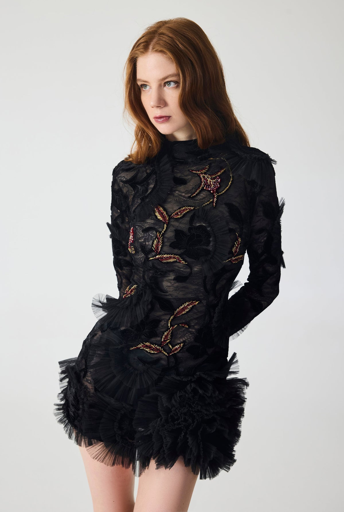 Haleia Hand Embroidered Velvet Lace with Ruffle Detailing Mini Dress