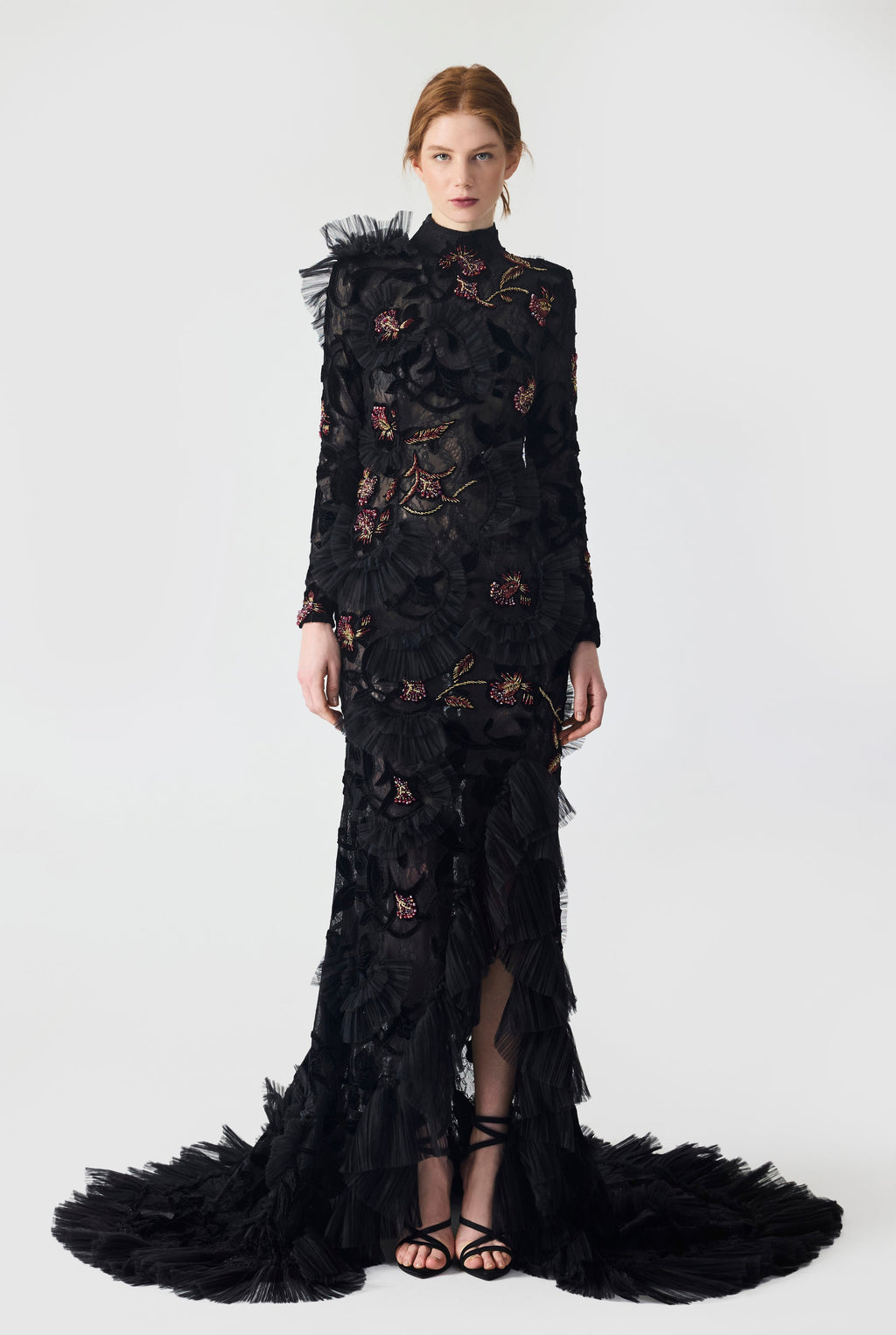 Haleia Hand Embroidered Velvet Lace with Ruffle Detailing Maxi Dress