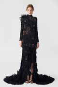 Haleia Hand Embroidered Velvet Lace with Ruffle Detailing Maxi Dress