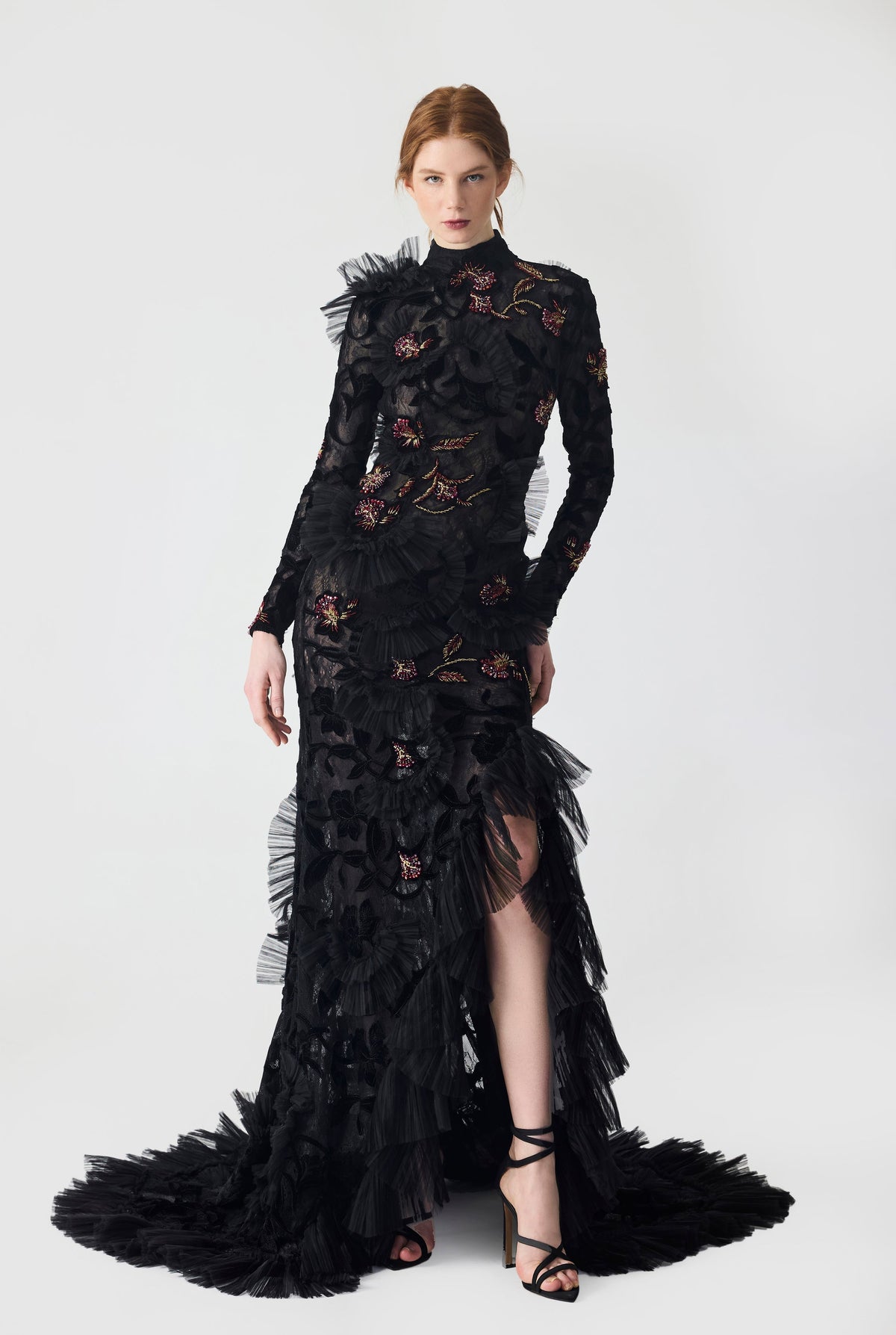Haleia Hand Embroidered Velvet Lace with Ruffle Detailing Maxi Dress