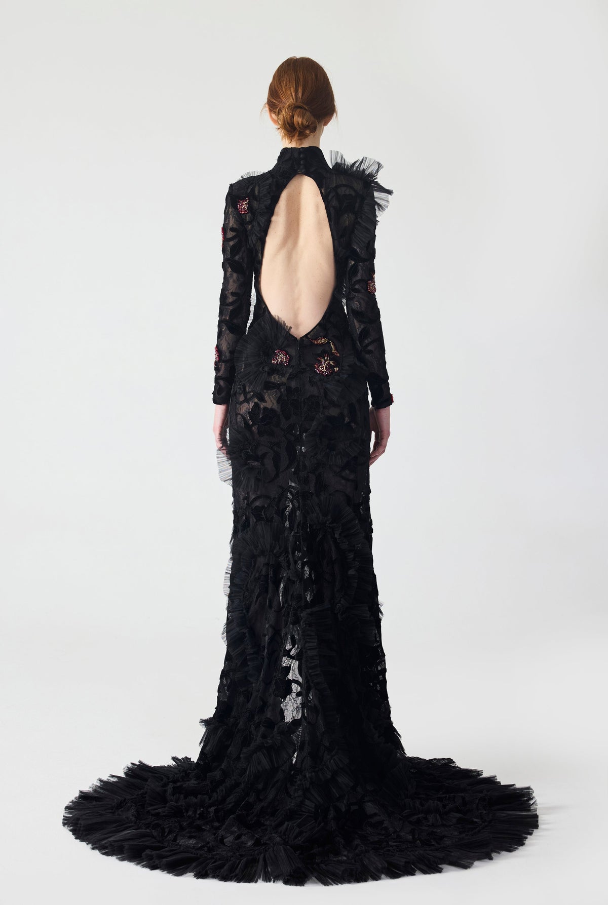Haleia Hand Embroidered Velvet Lace with Ruffle Detailing Maxi Dress
