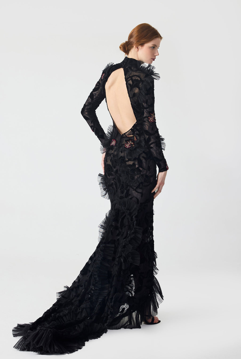 Haleia Hand Embroidered Velvet Lace with Ruffle Detailing Maxi Dress
