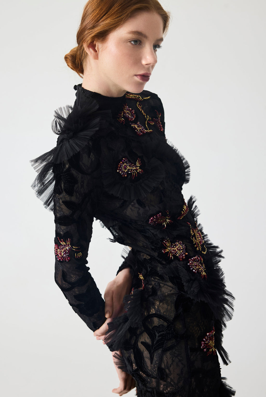 Haleia Hand Embroidered Velvet Lace with Ruffle Detailing Maxi Dress