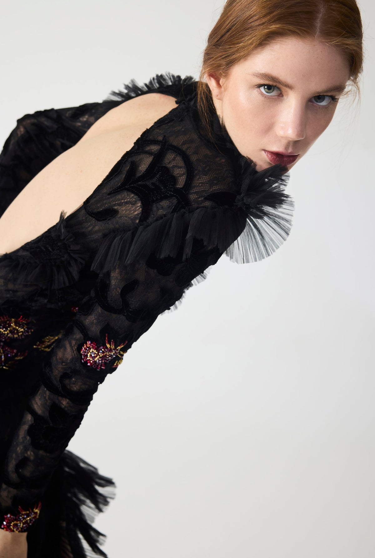 Haleia Hand Embroidered Velvet Lace with Ruffle Detailing Maxi Dress