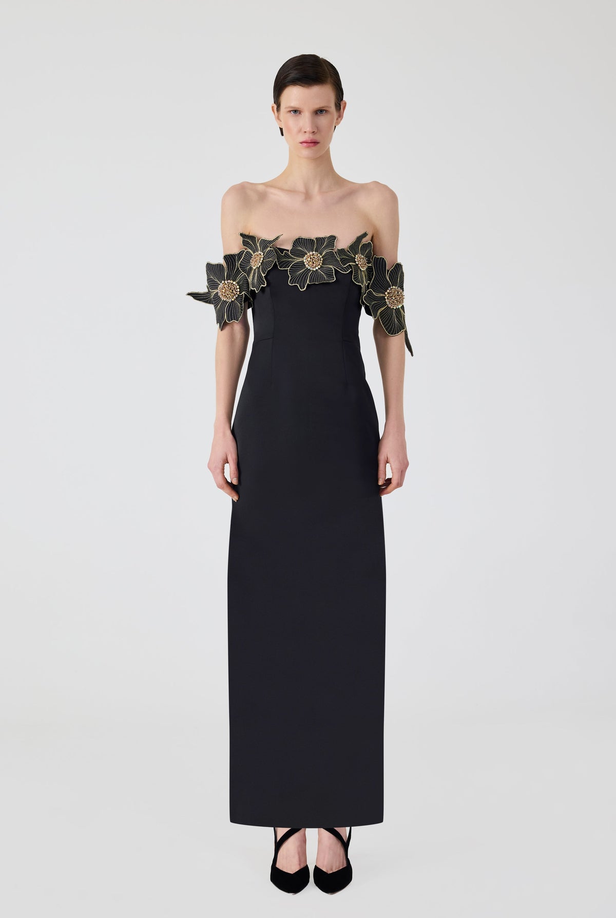 Haleia Off Shoulder 3D Flower Long Dress