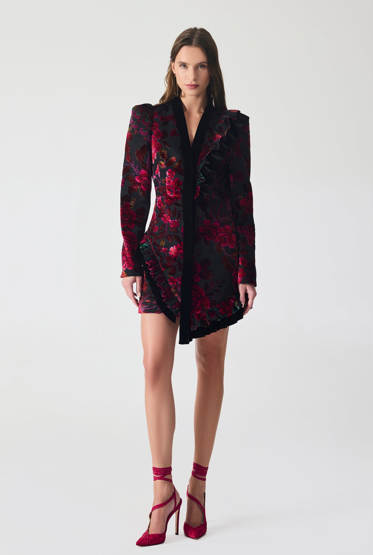 Haleia Burnout Velvet and Ruffle Detailed Mini Jacket Dress