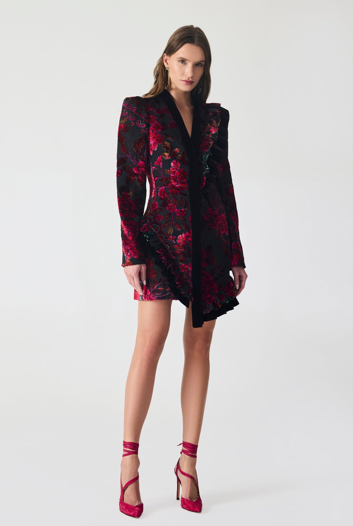 Haleia Burnout Velvet and Ruffle Detailed Mini Jacket Dress