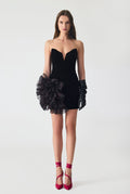 Haleia Hand Embroidered Organza Ruffle Detailed Velvet Mini Dress