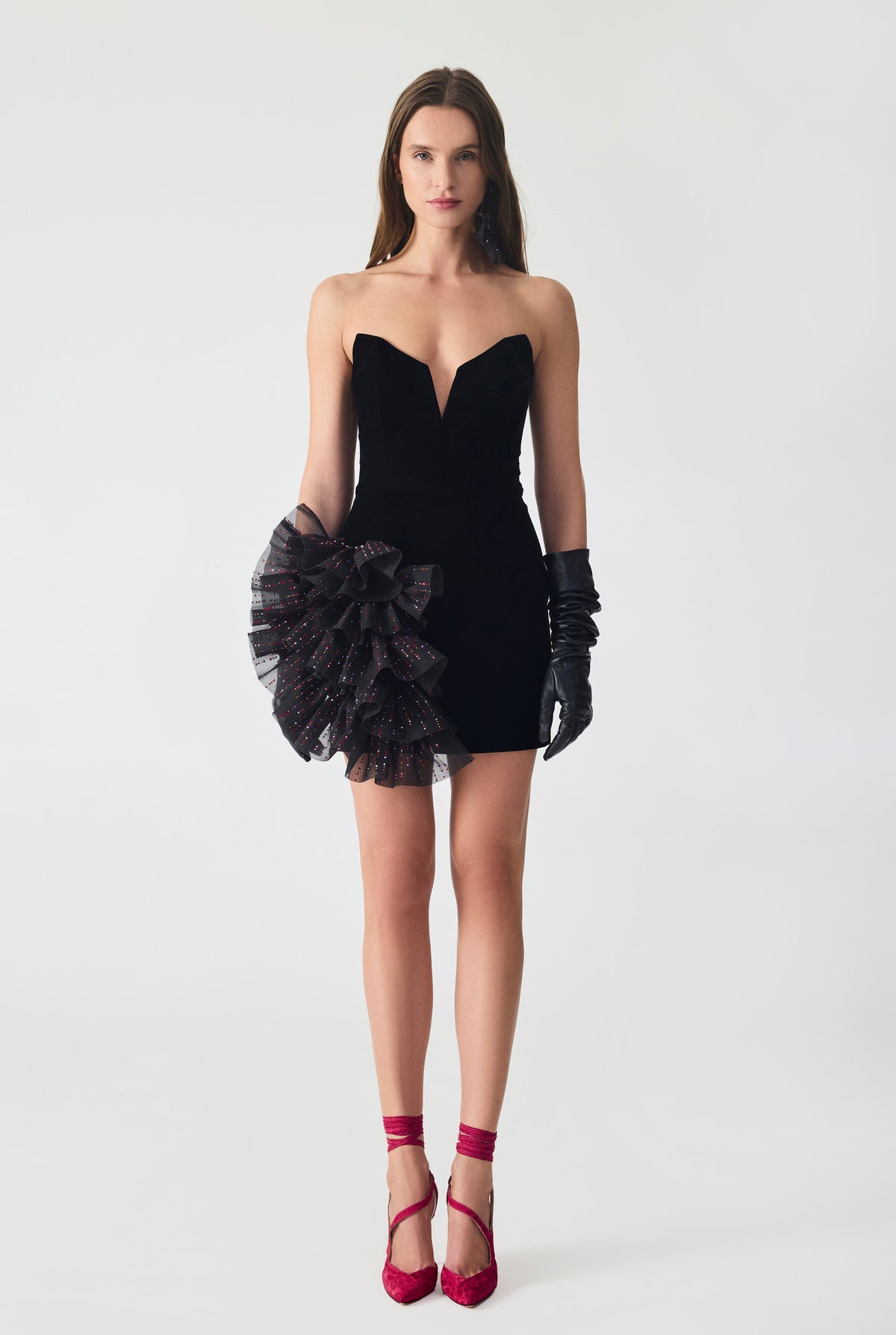 Haleia Hand Embroidered Organza Ruffle Detailed Velvet Mini Dress