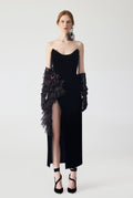 Haleia Organza Ruffle Detailed Velvet Midi Dress