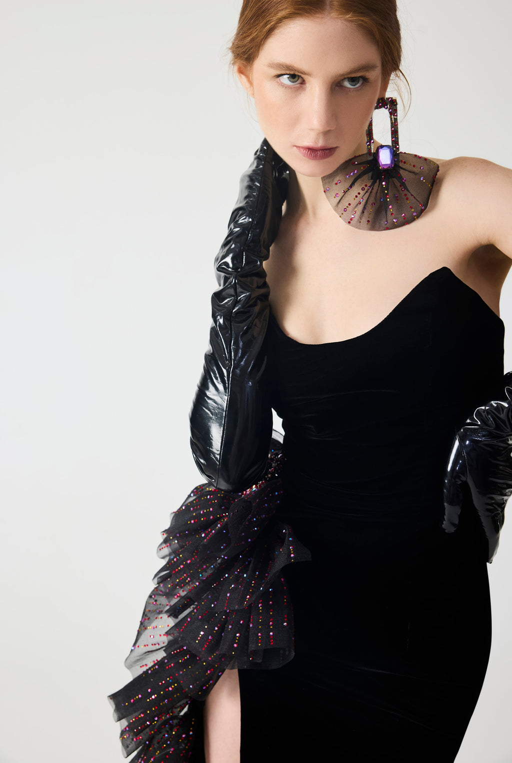 Haleia Organza Ruffle Detailed Velvet Midi Dress