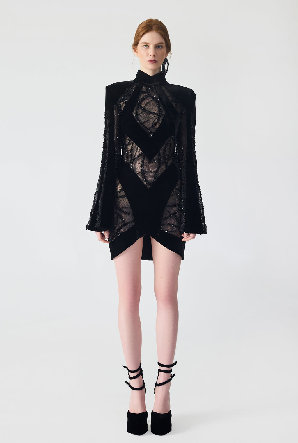 Haleia Velvet and Lace Trim Mini Dress