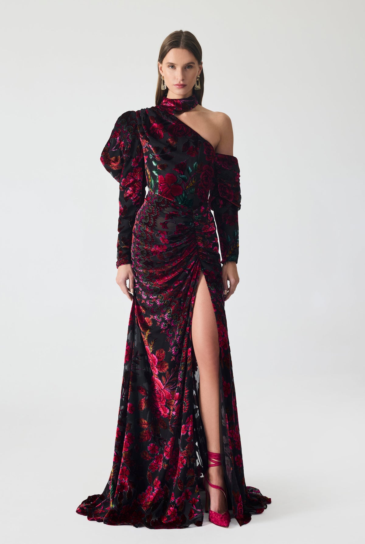 Haleia Ruching Asymmetrical Burnout Velvet Maxi