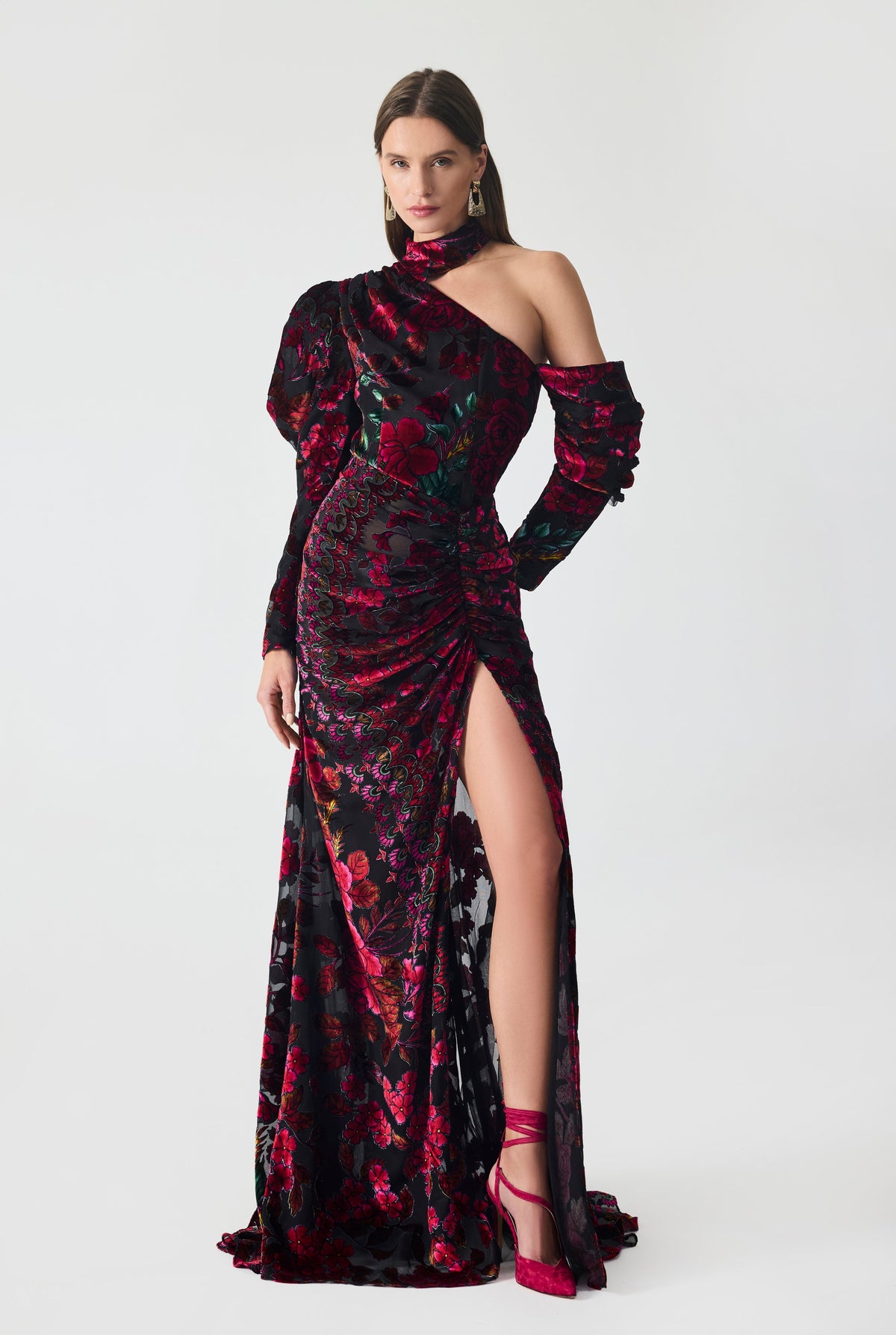 Haleia Ruching Asymmetrical Burnout Velvet Maxi