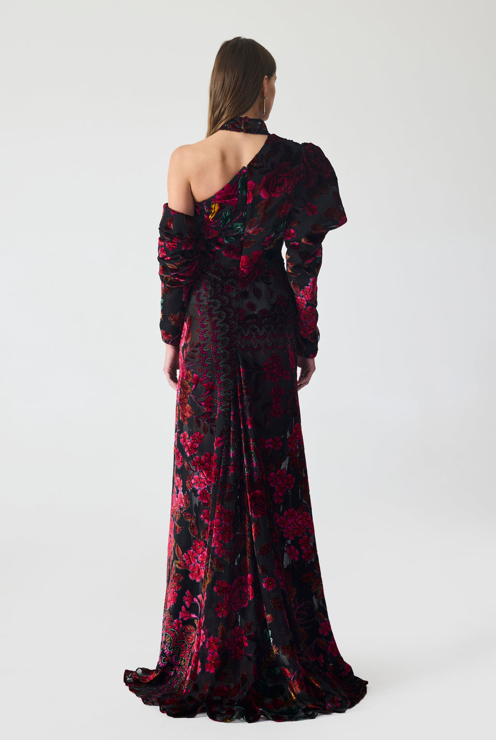 Haleia Ruching Asymmetrical Burnout Velvet Maxi