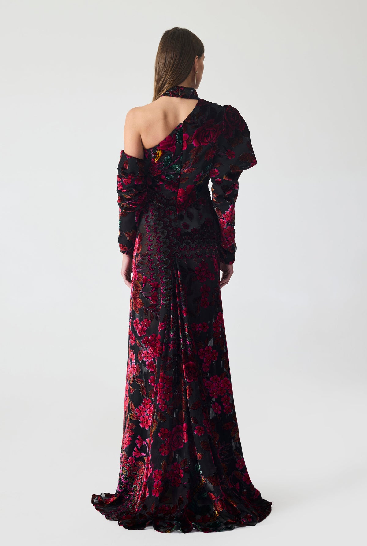 Haleia Ruching Asymmetrical Burnout Velvet Maxi