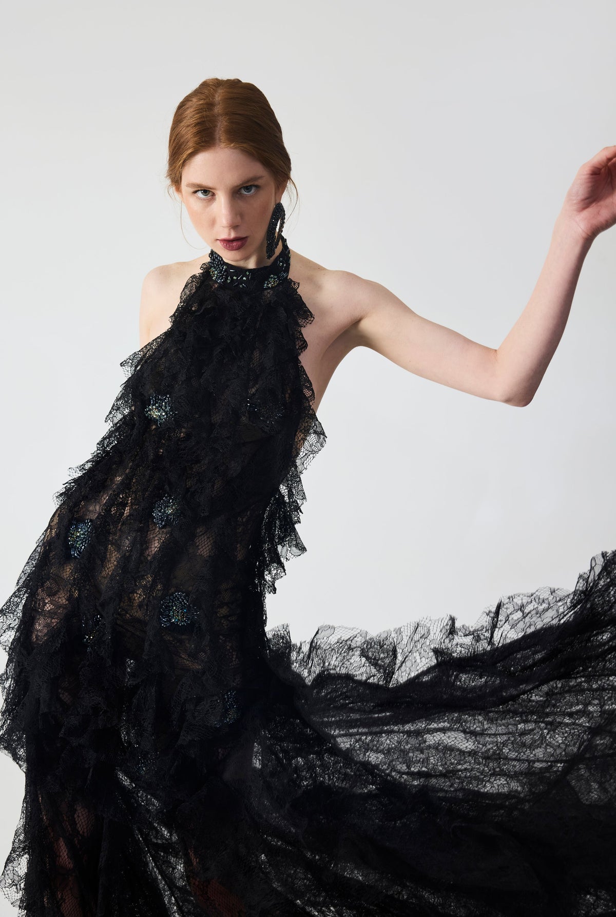 Haleia Hand Embroidered With Flounce Detailed Maxi Dress