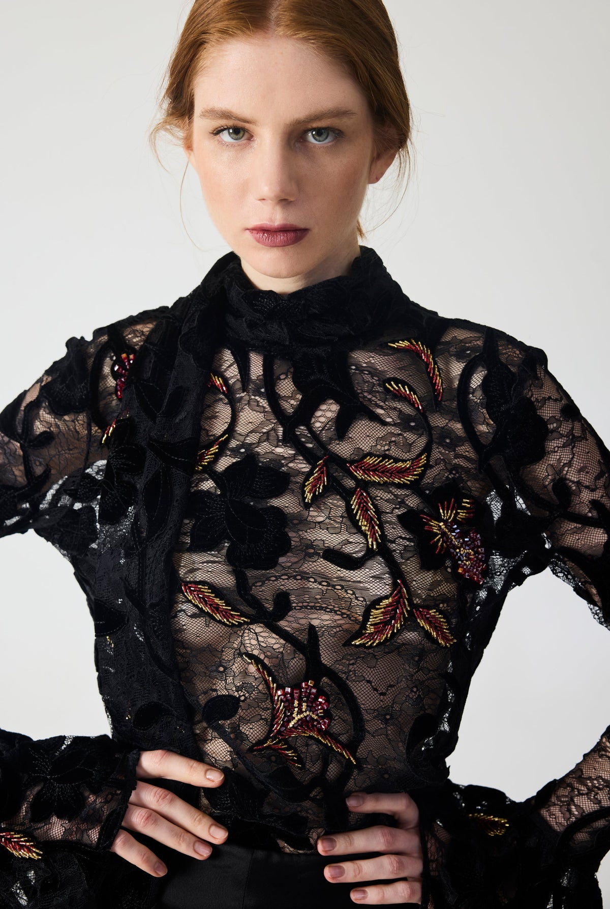 Haleia Hand Embroidered Velvet Lace Blouse
