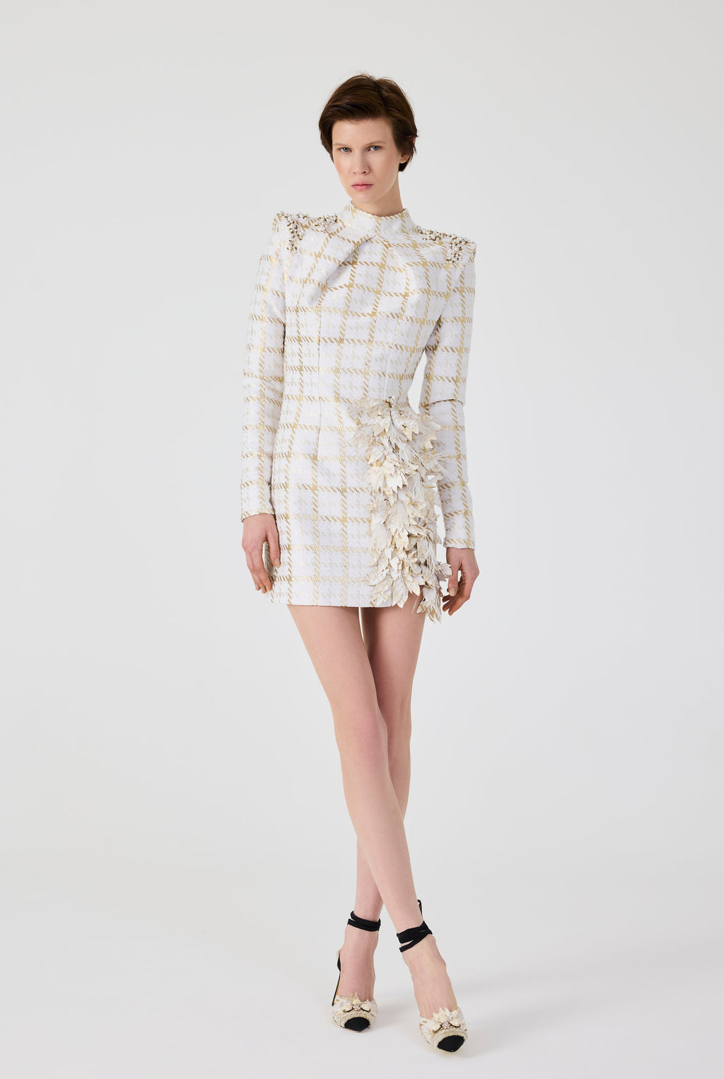 Haleia Gold 3D Flowers Plaid Mini Dress