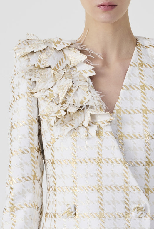 Haleia Gold 3D Flowers Plaid Long Jacket Dress
