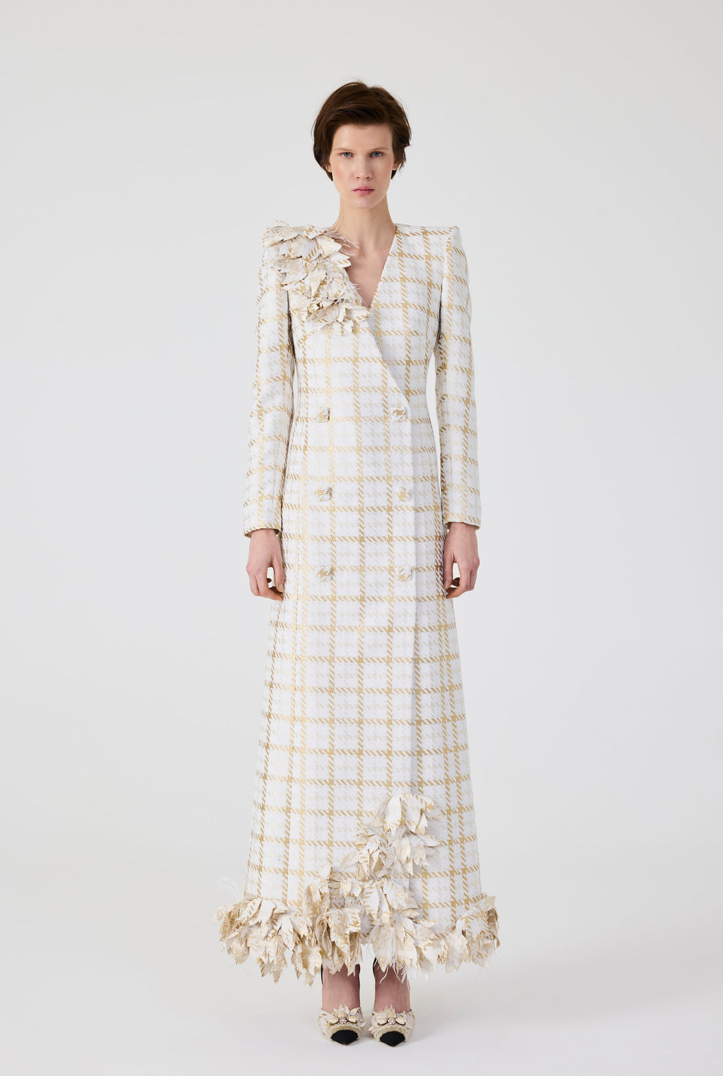 Haleia Gold 3D Flowers Plaid Long Jacket Dress