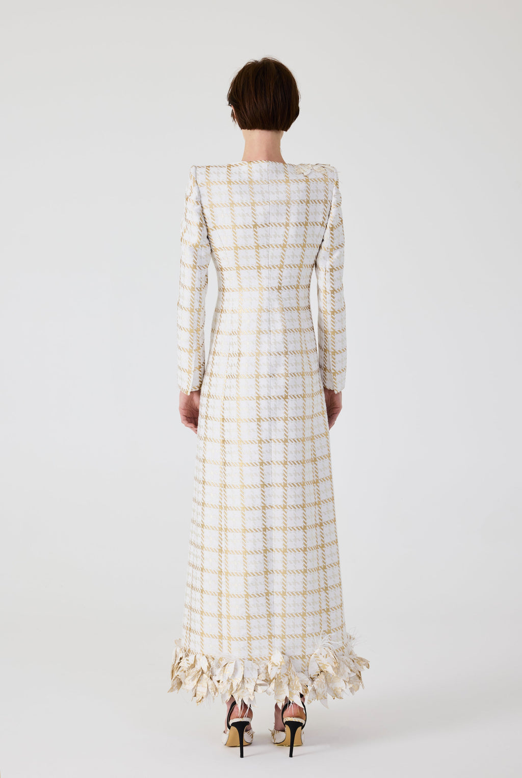 Haleia Gold 3D Flowers Plaid Long Jacket Dress