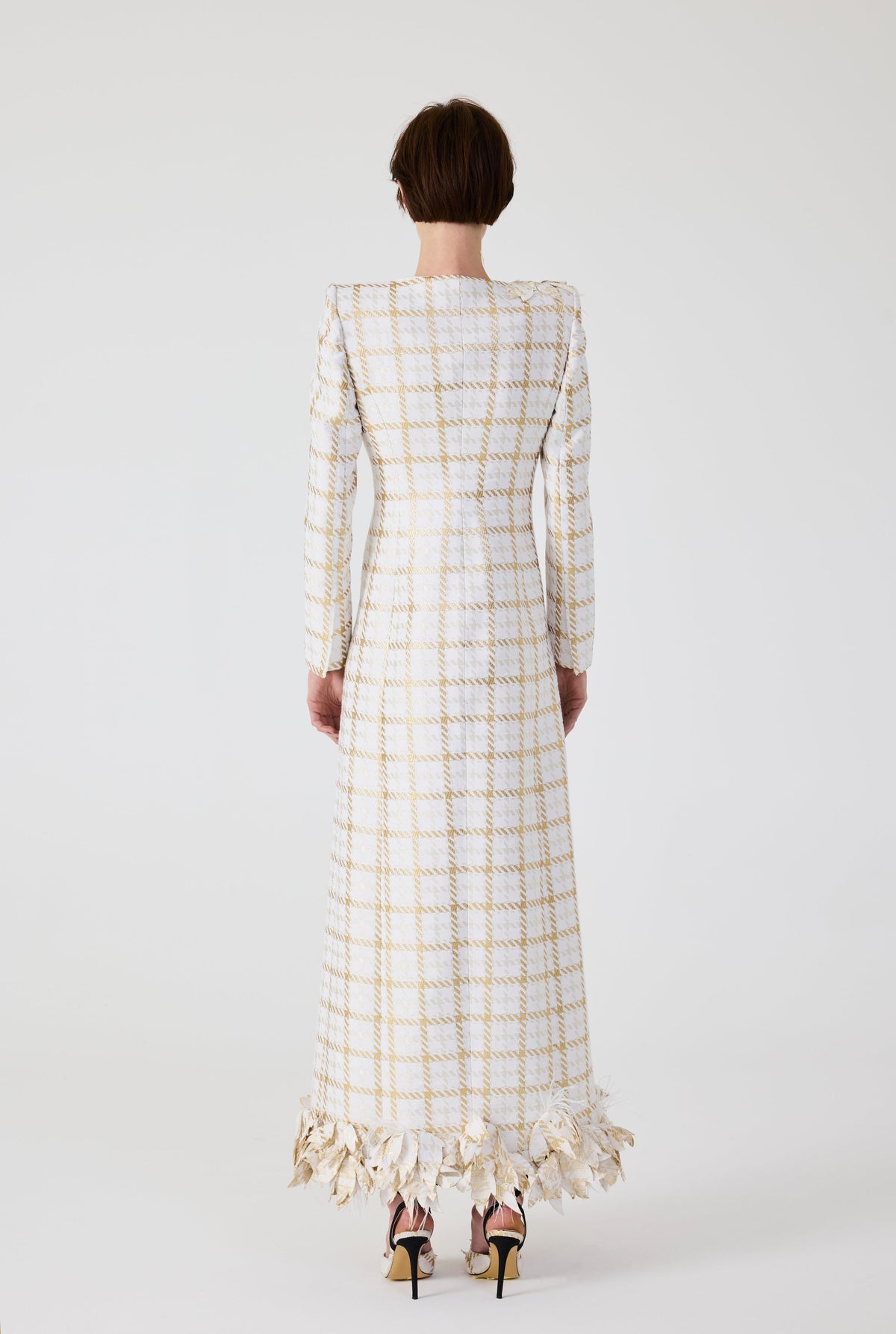 Haleia Gold 3D Flowers Plaid Long Jacket Dress