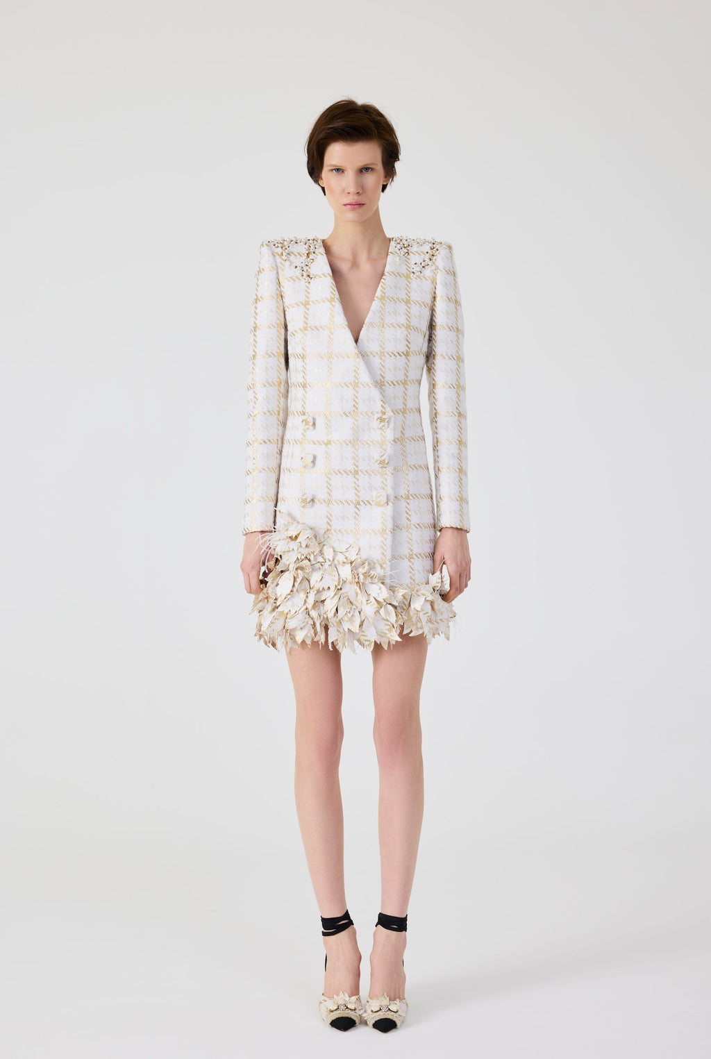 Haleia Gold 3D Plaid Flowers Mini Jacket Dress