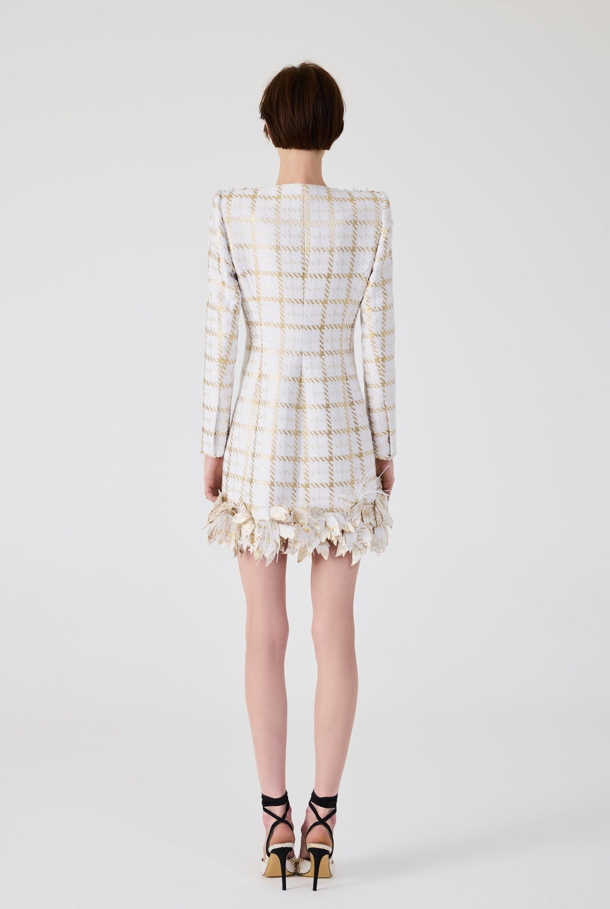 Haleia Gold 3D Plaid Flowers Mini Jacket Dress